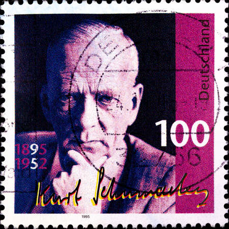 02 10 2020 Divnoe Stavropol Krai Russia postage stamp Germany 1995 The 100th Anniversary of the Birth of Kurt Schumacher 1895-1952 , Politician portraitのeditorial素材