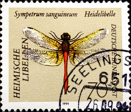 02.11.2020 Divnoe Stavropol Territory Russia postage stamp Germany 1991 Goldsmith Ruddy Darter Sympetrum sanguineumのeditorial素材