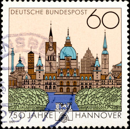02 09 2020 Divnoe Stavropol Territory Russia postage stamp Germany 1991 The 750th Anniversary of Hannover cityscapeのeditorial素材