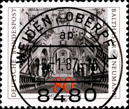 02 09 2020 Divnoe Stavropol Territory Russia postage stamp Germany 1987 The 300th Anniversary of the Birth of Balthasar Neumann 1687-1753, Builder architect and military artillery engineer W rzburg residenceのeditorial素材