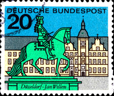 02 10 2020 Divnoe Stavropol Territory Russia postage stamp Germany 1964 German Cities Capitals of the Federal Lands- Dusseldorf monument on the central squareeのeditorial素材