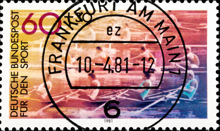 02 10 2020 Divnoe Stavropol Territory Russia postage stamp Germany 1981 Sports Rowing four-boat race