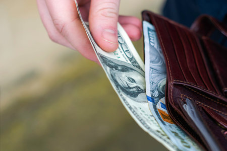 hands pull out hundred-dollar bills from the wallet. High quality photo