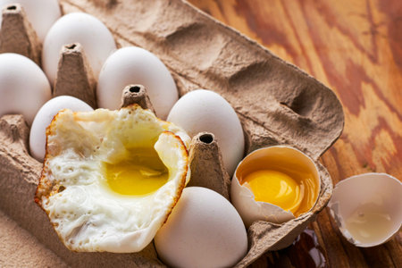 the broken egg with the yolk inside lies in the stand along with the whole eggs. High quality photo