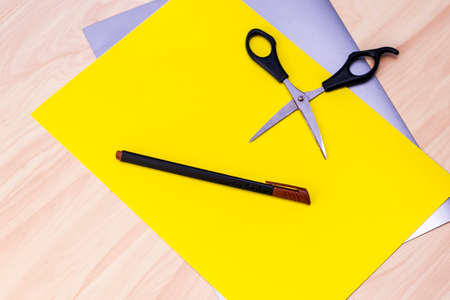 colored paper scissors and a marker are on the table. High quality photoの写真素材