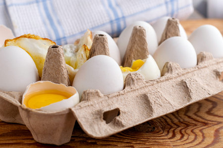 eggs in a cardboard box on the table some eggs are whole others are in different degrees of...