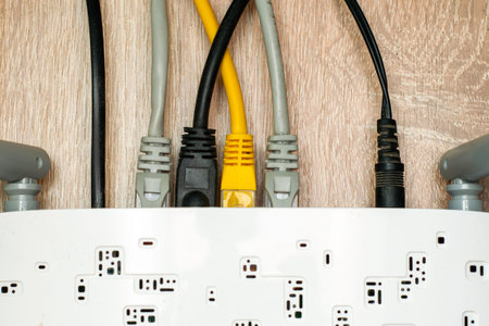 electrical wires connected to the back of the modem top view. High quality photo