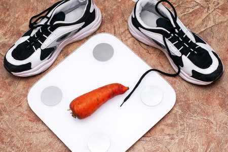 scales sneakers and carrots on the scale the concept of a diet proper nutrition sports. High quality photoの写真素材