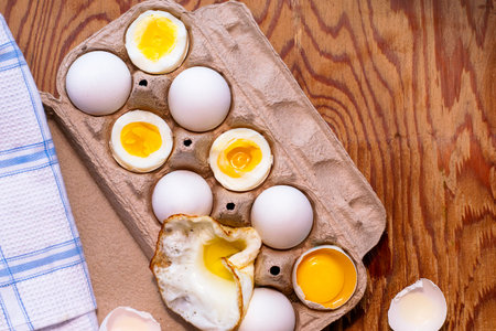 eggs in a cardboard box on the table some eggs are whole others are in different degrees of...