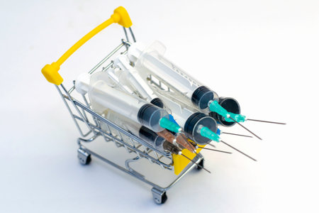concept vaccination medicine pharmaceuticals syringes of different volumes in a shopping cart on a white background. High quality photoの写真素材