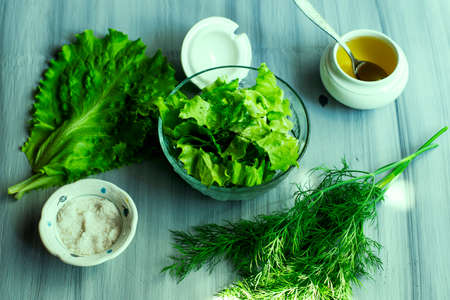 salad dill salt olive oil on a sunny kitchen table concept vegetarianism proper nutrition diet. High quality photoの写真素材