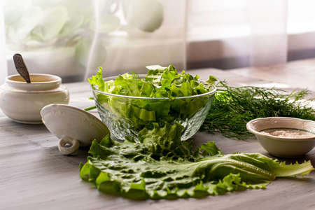 salad dill salt olive oil on a sunny kitchen table concept vegetarianism proper nutrition diet. High quality photoの写真素材