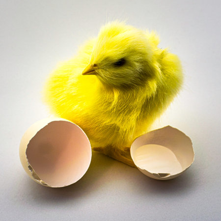 a chicken next to an egg split in half. High quality photo