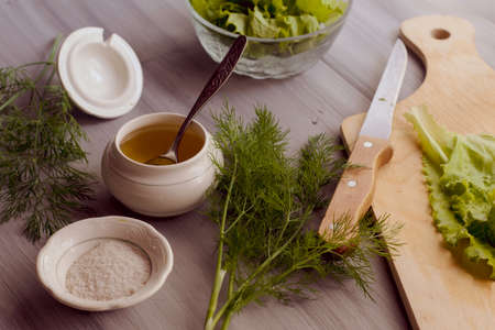 olive oil salt salad sliced on a cutting board on the table. High quality photoの写真素材