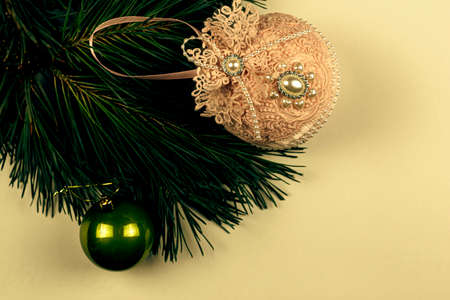 pine branch with christmas decorations with copyspace. High quality photoの写真素材