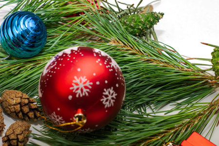 pine branch with christmas decorations with copyspace. High quality photo