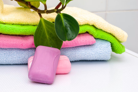 a stack of towels bars of soap and a houseplant on the bathroom table. High quality photo
