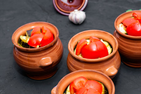 chanakhi in pots cooked for baking in the oven close-up next to cilantro. high quality photo
