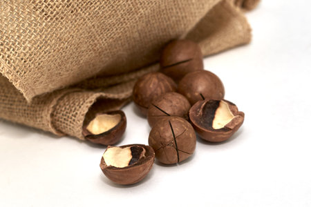 macadamia nuts on burlap background backdrop. high quality photo