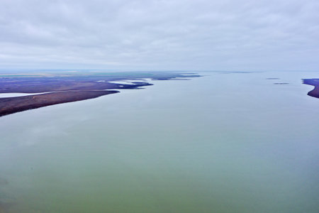 steppe plain landscape lake in the middle of fields. high quality photo