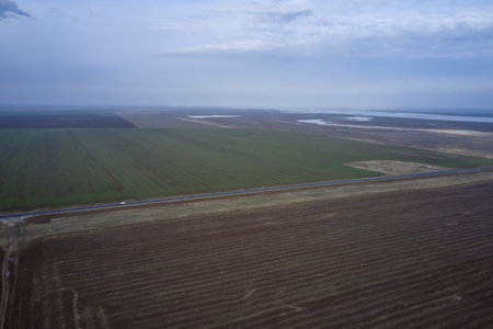steppe landscape road green fields of winter crops river and blue sky. high quality photo
