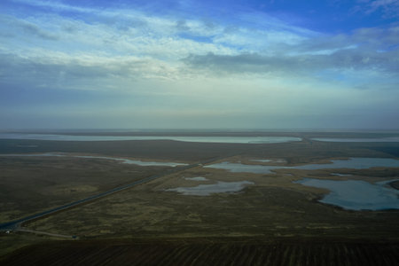 steppe plain landscape lake in the middle of fields. high quality photoの写真素材