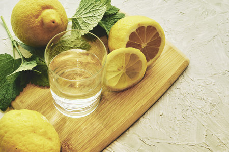 a glass of water with lemons and mint on the table. high quality photo