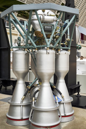 17/06/2022 Russia Moscow VDNH Pavilion Cosmos rocket jet engine close-up at the cosmonautics Museum....