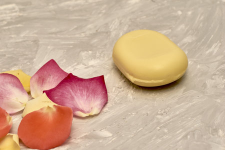 rose petals and a bar of soap on a gray textured background. high quality photo