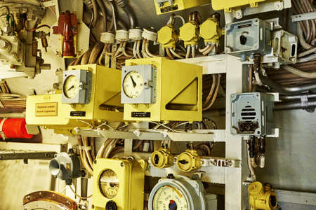 valves and control and monitoring devices of an old diesel submarine. high quality photoの写真素材