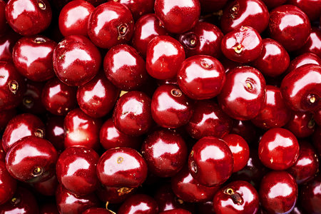 harvest of freshly harvested juicy ripe cherries close-up background backdrop. high quality photo