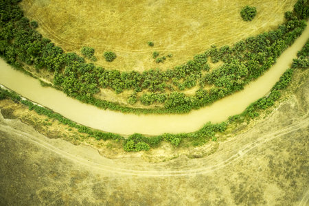 a winding muddy river with overgrown green banks in a sun-scorched steppe rural landscapeの写真素材