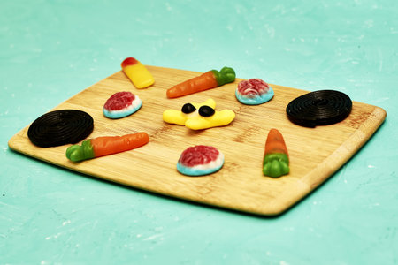children's marmalade in the form of funny figures on a cutting board. high quality photo