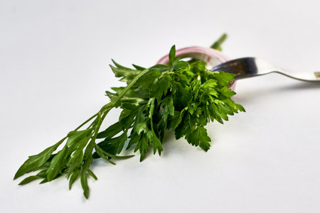 green parsley leaves measuring tape and fork on a white background concept diet vegetarianism veganism. high quality photoの写真素材