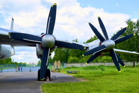 16/06/2022 Central Museum of the Air Force at the Air Force Academy, Monino, Moscow region Tu-95 Bear Soviet and Russian turboprop strategic bomber-missile carrier turboprop engines on the wing of the aircraft. high quality photoのeditorial素材