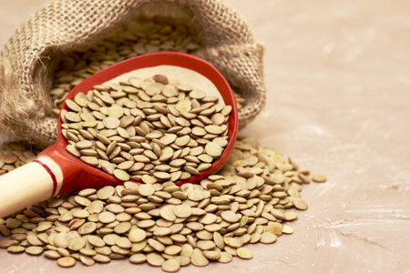 lentil grains spilled out of the canvas bag and a wooden spoon on the table. high quality photoの写真素材