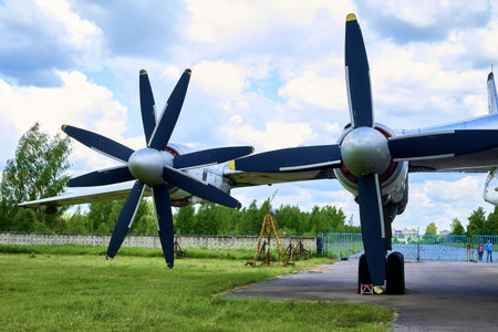 16/06/2022 Central Museum of the Air Force at the Air Force Academy, Monino, Moscow region Tu-95 Bear Soviet and Russian turboprop strategic bomber-missile carrier turboprop engines on the wing of the aircraft. high quality photoのeditorial素材