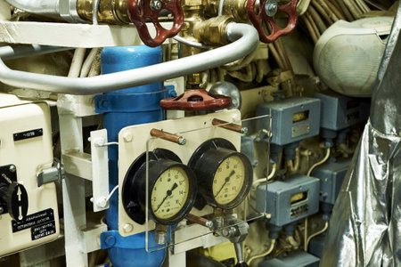 19/06/2022 Moscow Museum of the History of the Russian Navy Submarine B396 Novosibirsk Komsomolets pressure gauges in the submarine compartment. high quality photoのeditorial素材