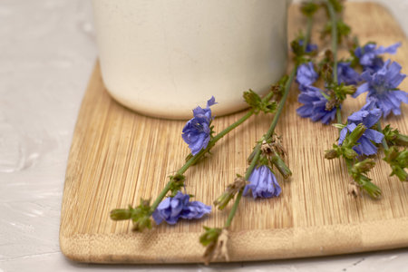 a mug with a drink and chicory flowers on a cutting board. high quality photoの写真素材