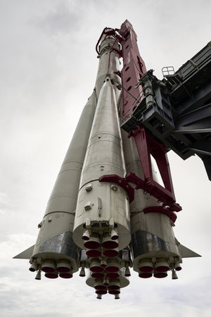 06.17.2022 Russia Moscow VDNH the vostok launch vehicle on a pedestal in the park against the blue sky High quality photoのeditorial素材