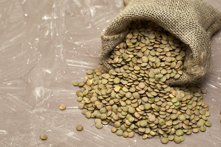 lentil grains poured out of a canvas bag on the table. high quality photoの写真素材
