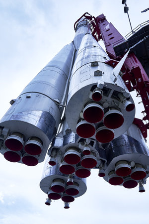 06.17.2022 Russia Moscow VDNH the vostok launch vehicle on a pedestal in the park against the blue sky High quality photoのeditorial素材
