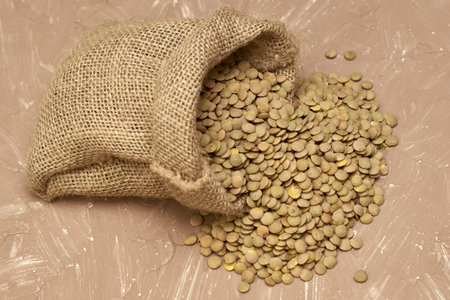 lentil grains poured out of a canvas bag on the table. high quality photoの写真素材