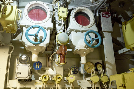 19/06/2022 Moscow Museum of the History of the Russian Navy Submarine B396 Novosibirsk Komsomolets pressure gauges in the submarine compartment. high quality photoのeditorial素材