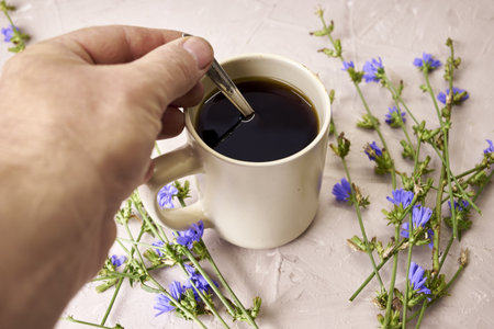 a person mixes a chicory drink with a spoon in a coffee mug next to chicory flowers. high quality photoの写真素材