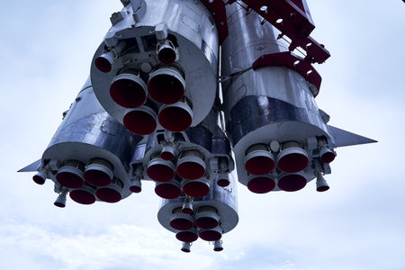 06.17.2022 Russia Moscow VDNH the vostok launch vehicle on a pedestal in the park against the blue sky High quality photoのeditorial素材