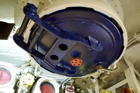 19/06/2022 Moscow Museum of the History of the Russian Navy Submarine B396 Novosibirsk Komsomolets closed hatch between the compartments of the submarine close-up. high quality photoのeditorial素材