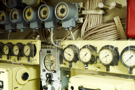19/06/2022 Moscow Museum of the History of the Russian Navy Submarine B396 Novosibirsk Komsomolets pressure gauges in the submarine compartment. high quality photoのeditorial素材