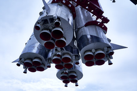 06.17.2022 Russia Moscow VDNH the vostok launch vehicle on a pedestal in the park against the blue sky High quality photoのeditorial素材
