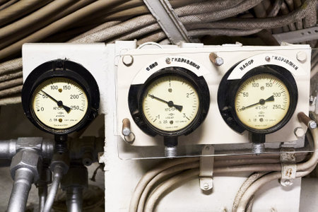 06.19.2022 Moscow Museum of the History of the Russian Navy Submarine B396 Novosibirsk Komsomolets pressure gauges in the submarine compartmentのeditorial素材